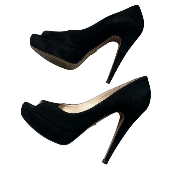 Prada Camoscio Chic Peep Toe Black Suede Platform Heels - 7.5 US / 38 - Picture 10 of 10